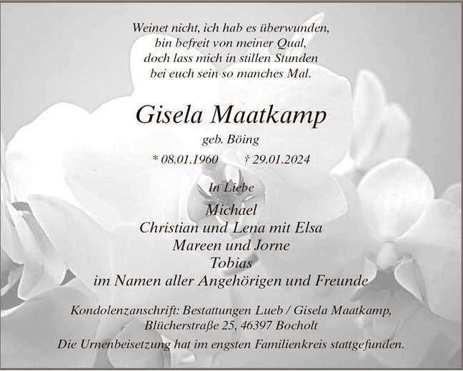 Todesanzeige Gisela Maatkamp, geb. Böing / BBV v. 17.02.2024