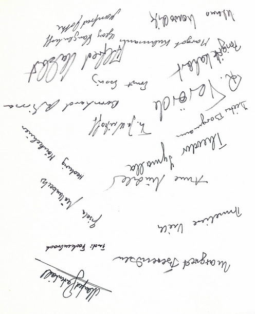 Unterschriften der Lehrerschaft, die bei der Amtseinführung von Gerhard Cebulla 1979 anwesend waren. Quelle: Fotoalbum Fr. Cebulla Unterschriften der Lehrerschaft, die bei der Amtseinführung von Gerhard Cebulla 1979 anwesend waren. Quelle: Fotoalbum Fr. Cebulla