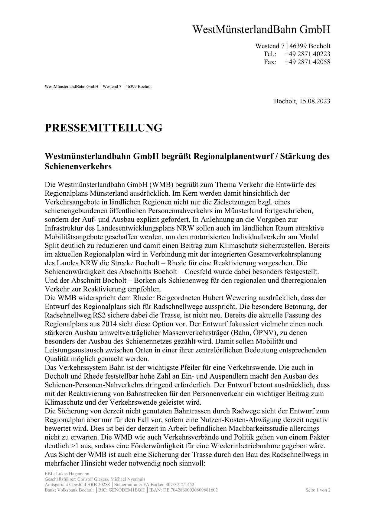 WMB-Pressemitteilung zu den Entwürfen des neuen Regionalplans Münsterland / Seite 1