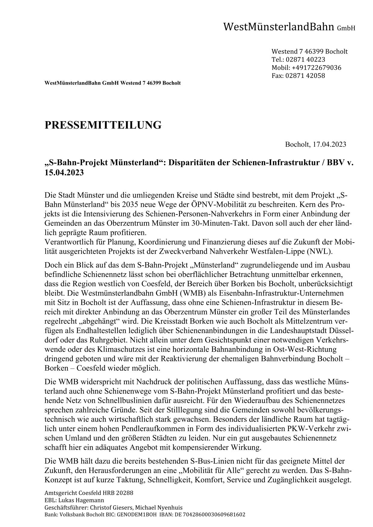 WMB-Stellungnahme "S-Bahn-Projekt Münsterland" v. 17.04.2023 / Seite 1