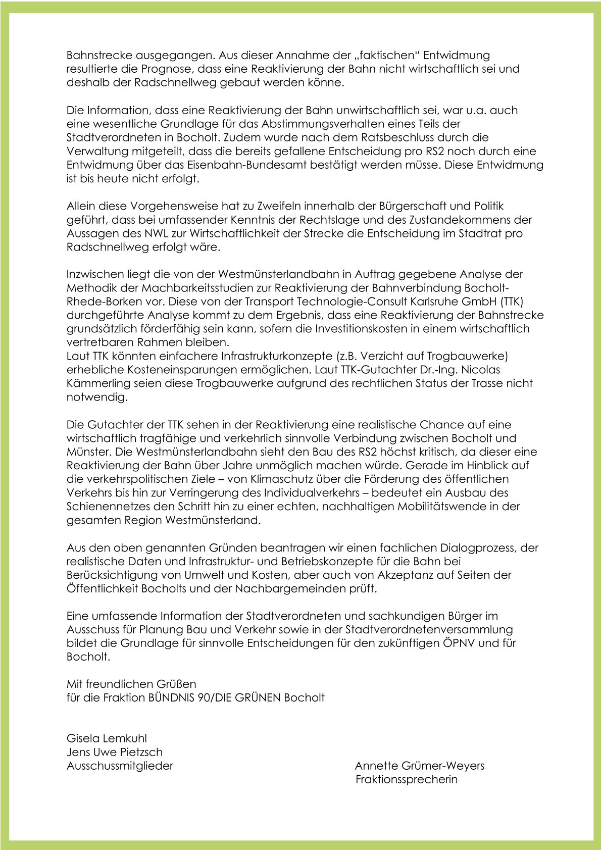 Antrag "Intensive sachliche Bearbeitung des Themas “Reaktivierung der Bahnstrecke Bocholt- Rhede-Borken” auf der Grundlage von Expertengesprächen. Antrag der Fraktion B90/Die Grünen v. 2.12.2025" Seite 2 v 2 Antrag "Intensive sachliche Bearbeitung des Themas “Reaktivierung der Bahnstrecke Bocholt- Rhede-Borken” auf der Grundlage von Expertengesprächen. Antrag der Fraktion B90/Die Grünen v. 2.12.2025" Seite 2 v 2