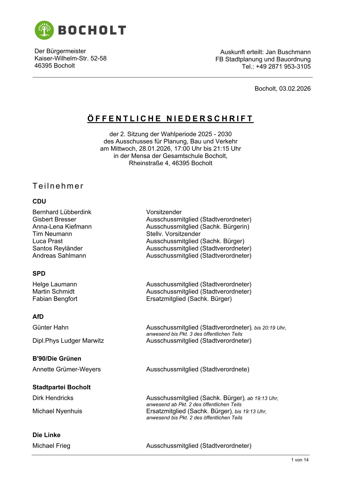 Auszüge aus dem öffentlichen Protokoll zur Ausschusssitzung v. 28.01.2026, die nur den Tagesordnungspunkt "Bahn" bzw. Antrag von Bündnis90/Grüne berücksichtigen. Seite 1 v 9 Auszüge aus dem öffentlichen Protokoll zur Ausschusssitzung v. 28.01.2026, die nur den Tagesordnungspunkt "Bahn" bzw. Antrag von Bündnis90/Grüne berücksichtigen. Seite 1 v 9