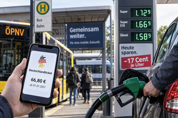 Deutschlandticket rauf, Spritpreis runter: Verkehrspolitik mit falschen Signalen. Zwei gegens&auml;tzliche Signale f&uuml;r die Mobilit&auml;t.Quelle: KI-generiertes Bild.