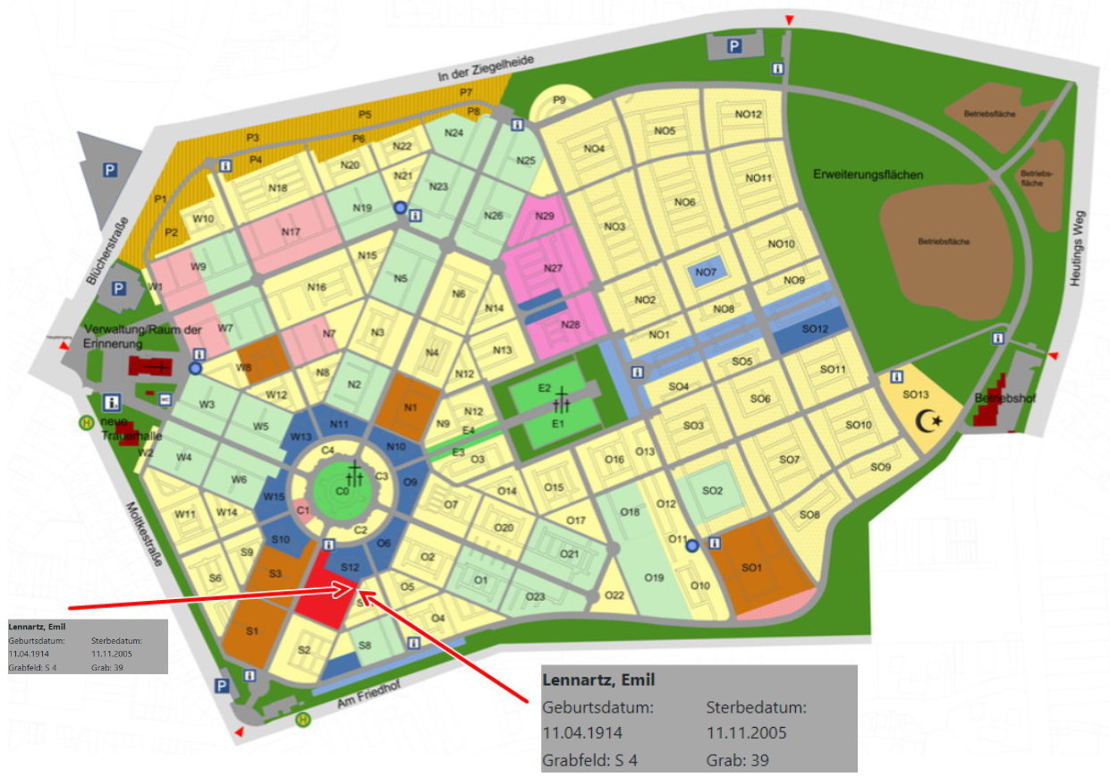 Lageplan des Bocholter Friedhofs mit Kennzeichnung der Grabstätte. Hilfe auch über das Digitale Friedhofsbuch der Stadt Bocholt.