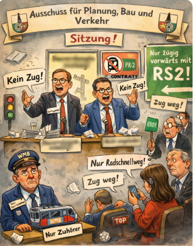 Einseitige Aussprache zum Thema "Bahn" im Bocholter Ausschuss für Planung, Bau und Verkehr am 28.01.2026. Quelle / Hinweis: KI-generiertes Bild. Einseitige Aussprache zum Thema "Bahn" im Bocholter Ausschuss für Planung, Bau und Verkehr am 28.01.2026. Quelle / Hinweis: KI-generiertes Bild.