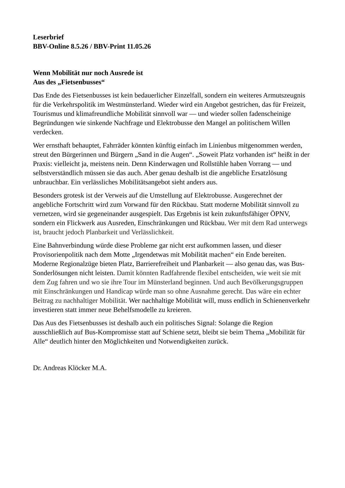 Leserbrief 08.05.2026 zum "Aus f&uuml;r den Fietsenbus."