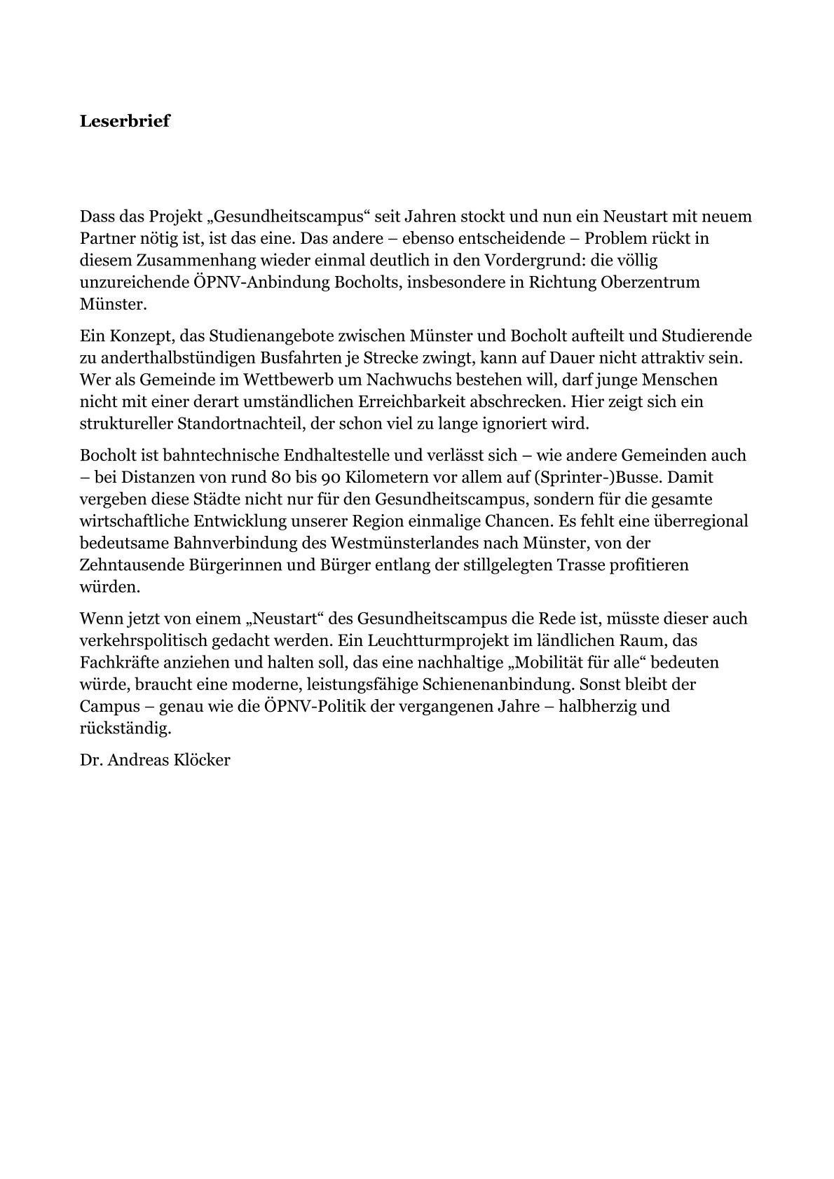 Leserbrief Dr. Andreas Kl&ouml;cker M.A. zum Thema "Gesundheitscampus BOH - &Ouml;PNV-Anbindung" v. 17.03.2026