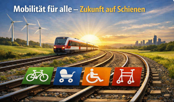 Gemeinsam unterwegs &ndash; nachhaltig, barrierefrei und zukunftsorientiert - mit der Bahn in der Region. Bild: KI-generiert.