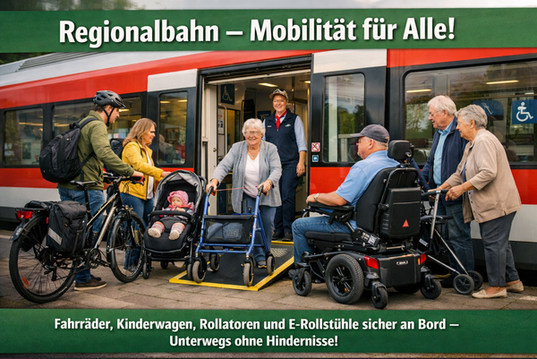 Fahrr&auml;der, Kinderwagen, Rollatoren und E‑Rollst&uuml;hle sicher an Bord &ndash; unterwegs ohne Hindernisse mit der Bahn! Quelle: Bild KI-generiert