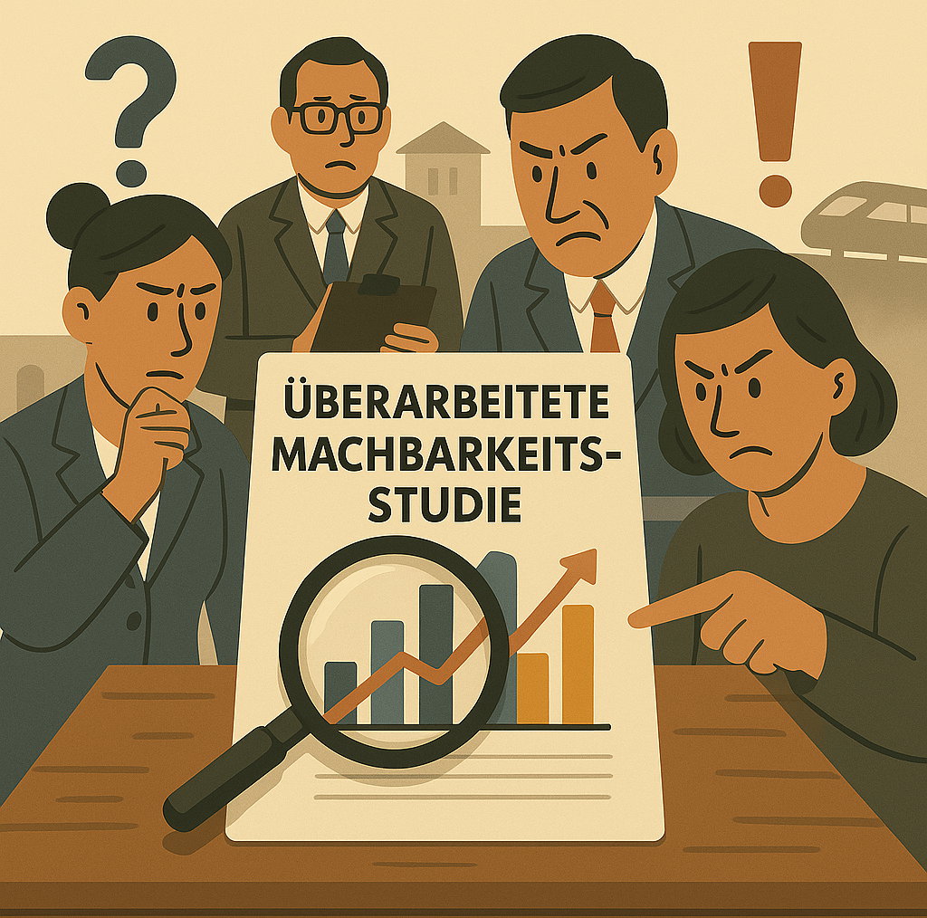 Fragen und Kritik: zweifelhafte Ergebnisse der überarbeiteten Machbarkeitsstudie 2024. Hinweis: Quelle: KI-generieters Bild!
