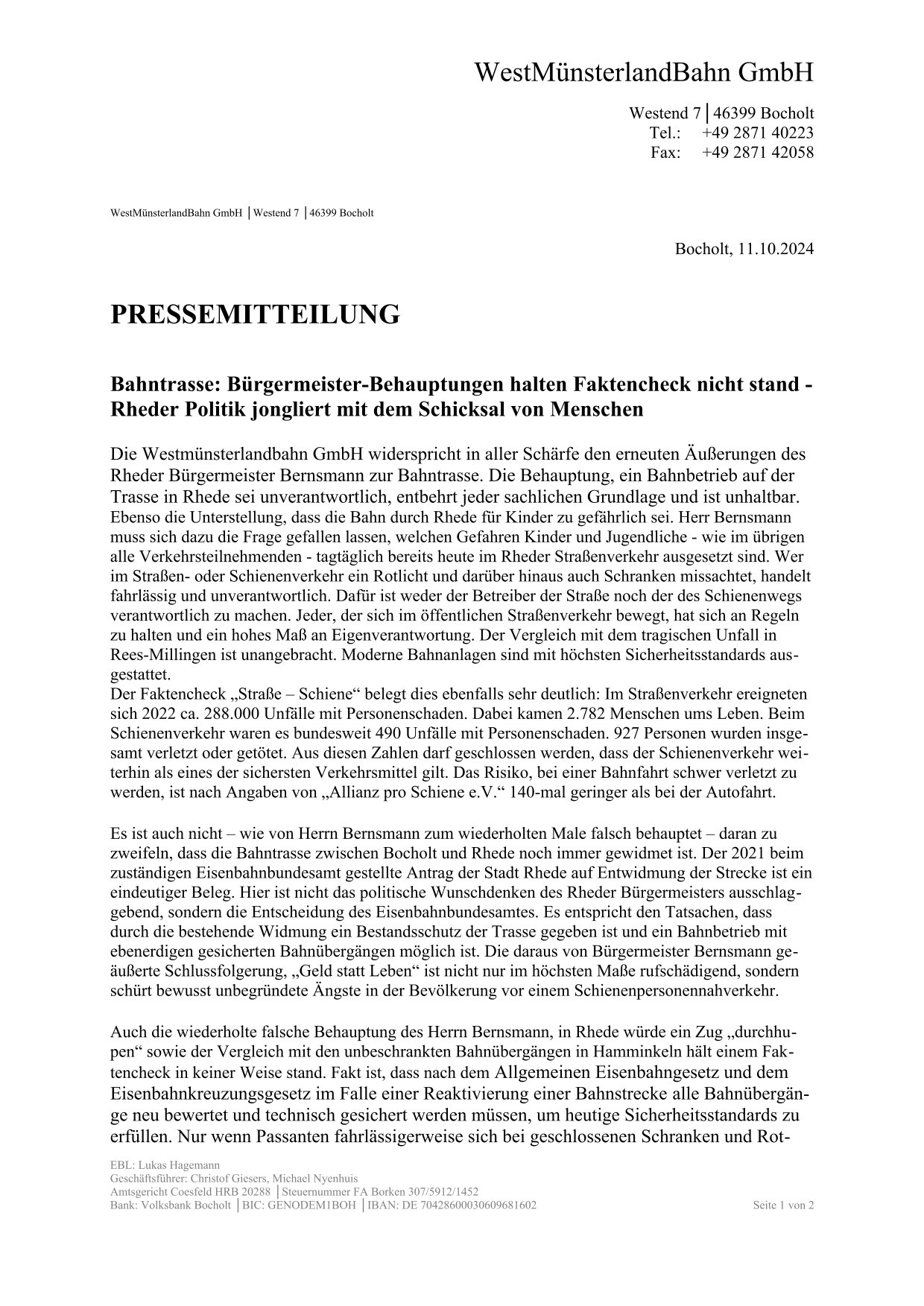 WMB-Pressemitteilung v. 11.10.2024 als Erwiderung auf die ungeheuerlichen Äußerungen des Rheder Bürgermeisters Bernsmann / Seite 1 v 2