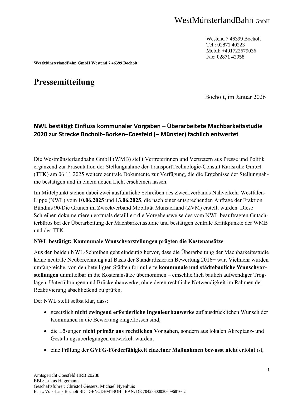WMB-Pressemitteilung zu den unten stehenden NWL-Schreiben. Seite 1 v 3